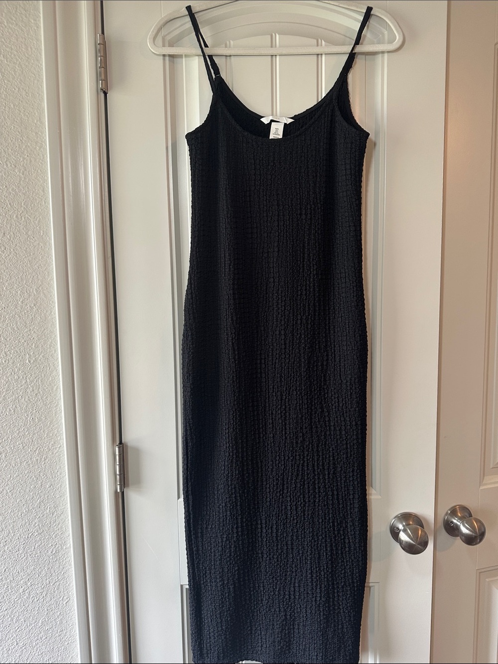 H&M Black Textured Slip Dress with Spaghetti Straps